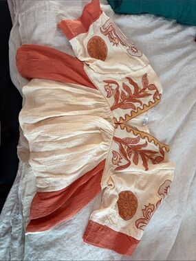 Embroidered Peasant Blouse in Cream and Rust